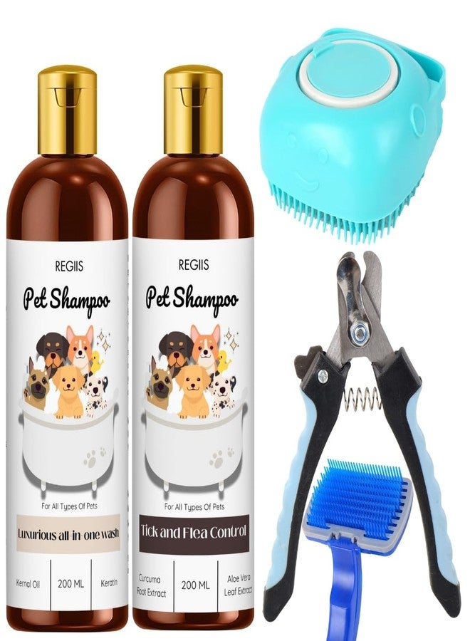 REGIIS Pet Grooming Kit with Shampoo and Flea Control Set, 2x200ml Bottles, Nail Clipper, Silicone Brush, Professional Dog Cat Bathing Tools(PACK OF 5) - Image 1